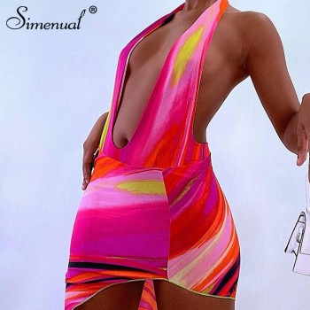 Deep V Neck Painting Backless Hot Halter Mini Dress For Women Club Partywear Bodycon Sexy Midnight